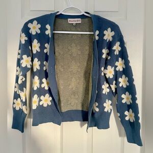 Blue Cardigan with White and Yellow Flowers